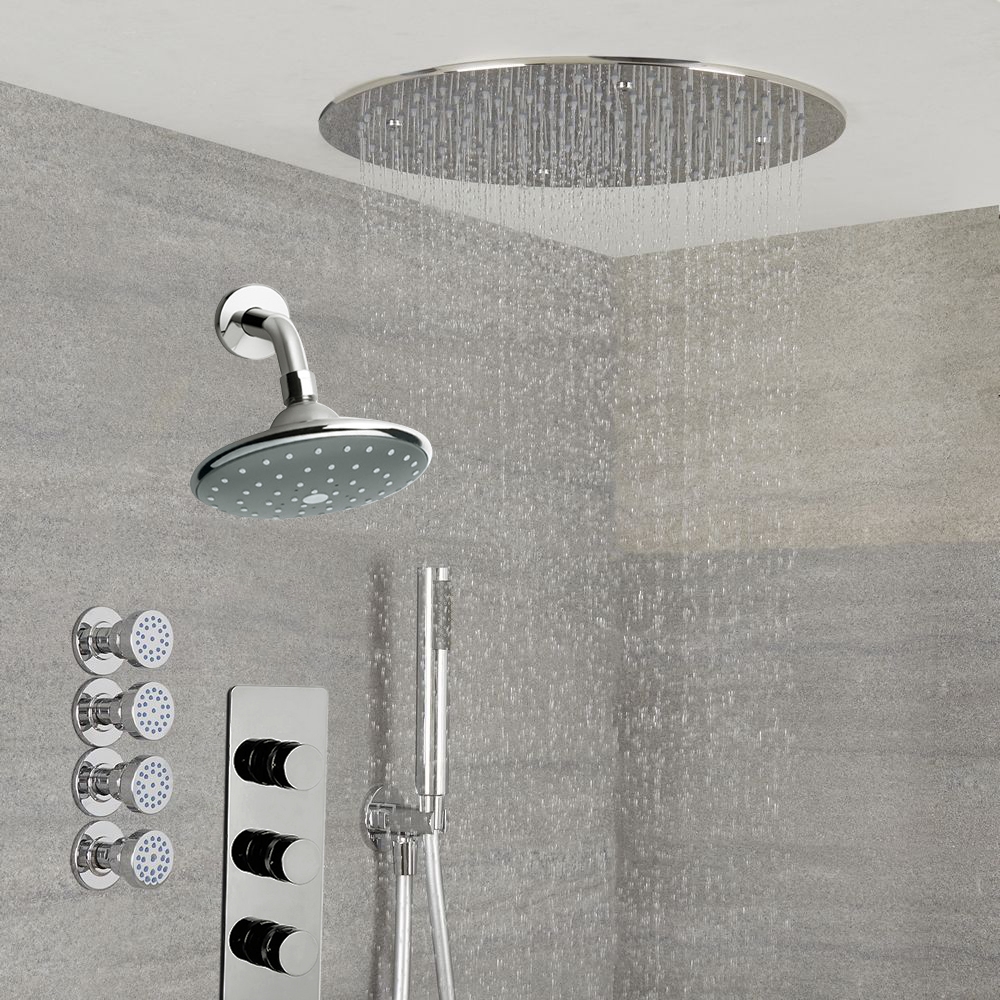 Fontana Dual Rain Shower Heads With Handshower 4 Jet Sprays Triple Handle Thermostatic Mixer
